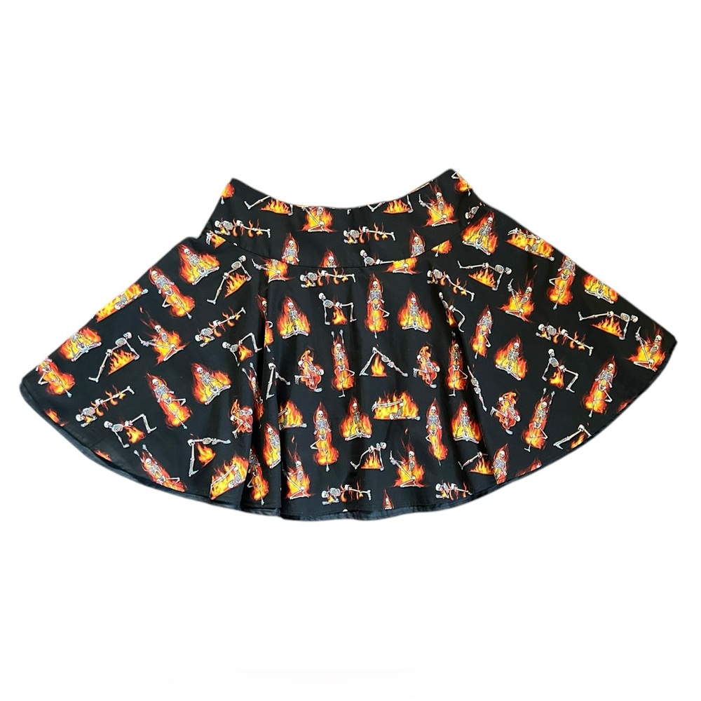Black Flaming Yoga Skeletons Mini Circle Skirt Handmade Spooky Cute 29” Waist/M